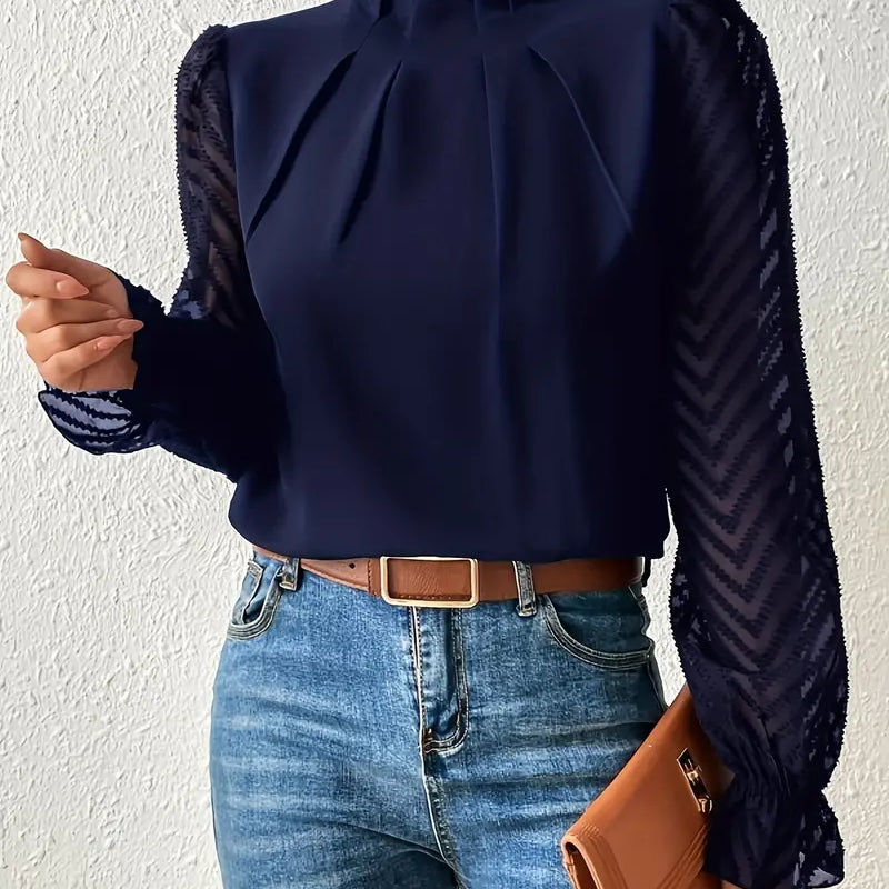 Sienna | Chic Pleated Top with Sheer Mesh Sleeves for Women